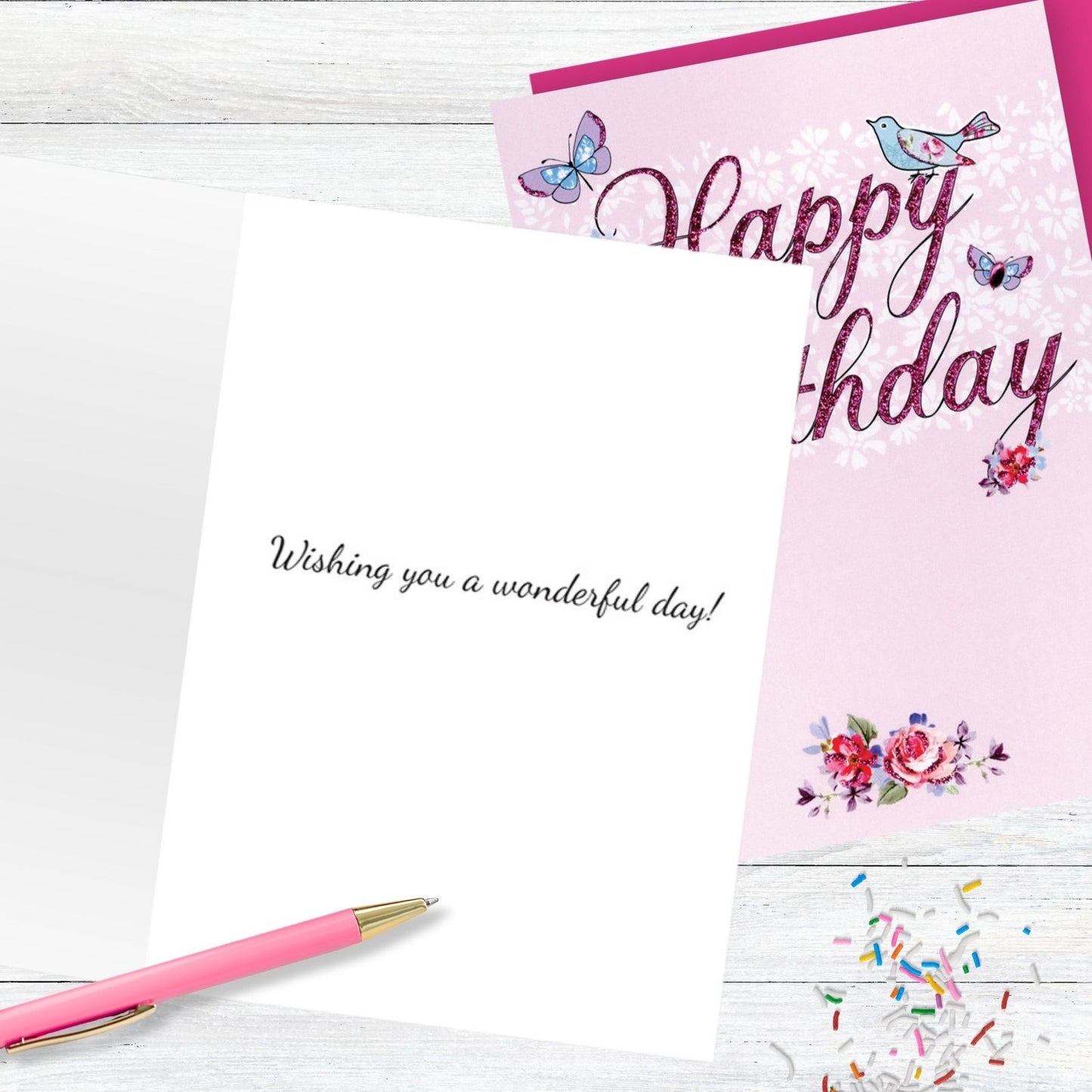 Hand-Finished Happy Birthday Card Whimsical Floral Birds Glittered Pink For Her