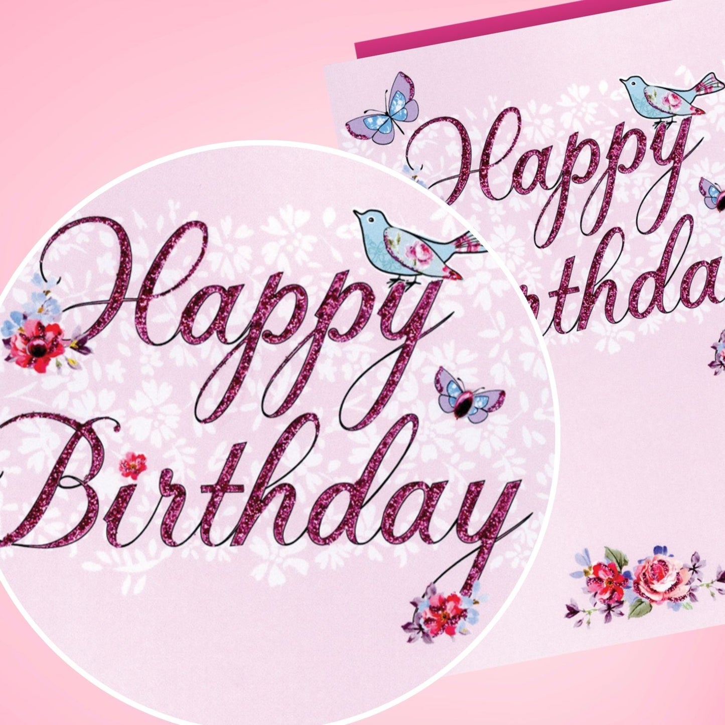 Hand-Finished Happy Birthday Card Whimsical Floral Birds Glittered Pink For Her