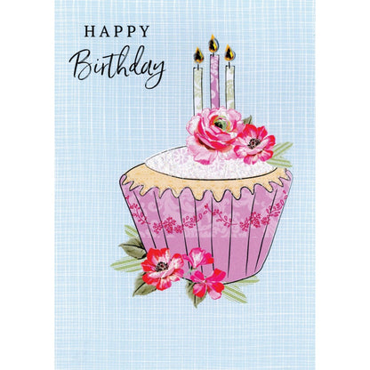 Hand-Finished Floral Cupcake Birthday Card Glittered Embellished For Her