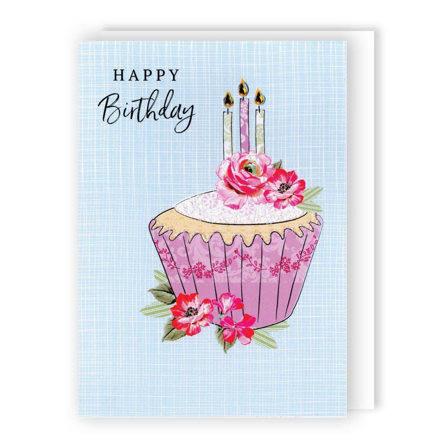 Hand-Finished Floral Cupcake Birthday Card Glittered Embellished For Her