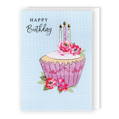 Hand-Finished Floral Cupcake Birthday Card Glittered Embellished For Her