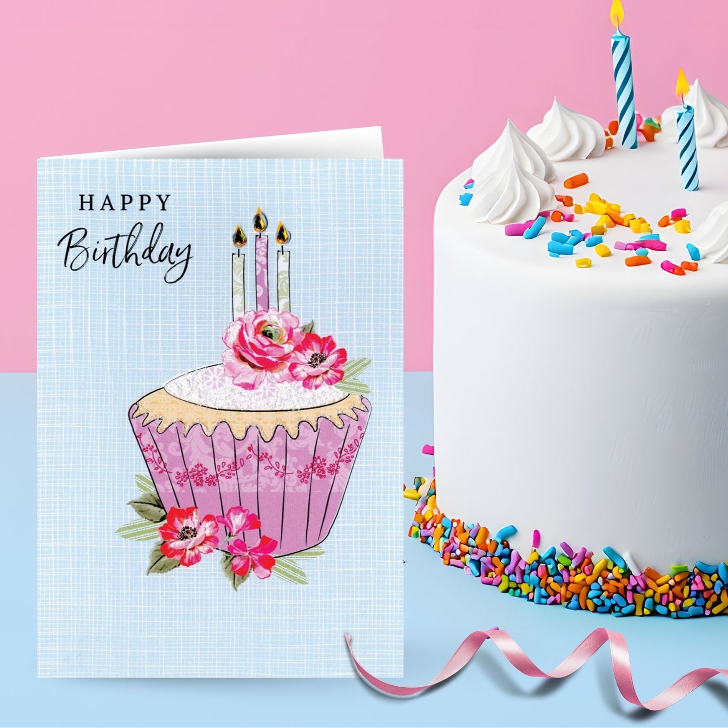 Hand-Finished Floral Cupcake Birthday Card Glittered Embellished For Her