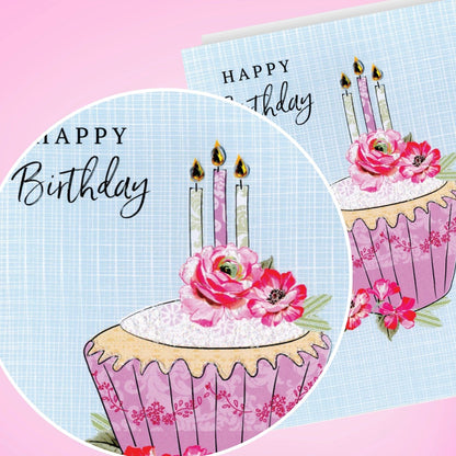Hand-Finished Floral Cupcake Birthday Card Glittered Embellished For Her