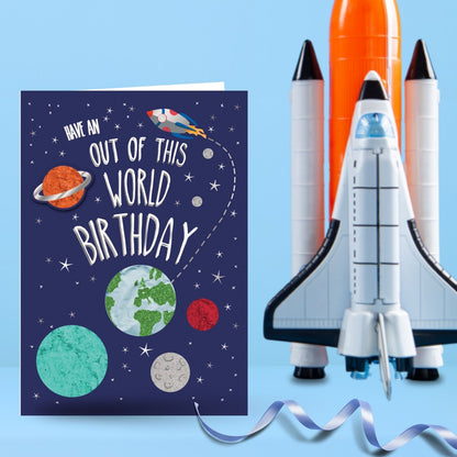 Hand-Finished Birthday Card Embellished Space Themed Out Of This World For Him