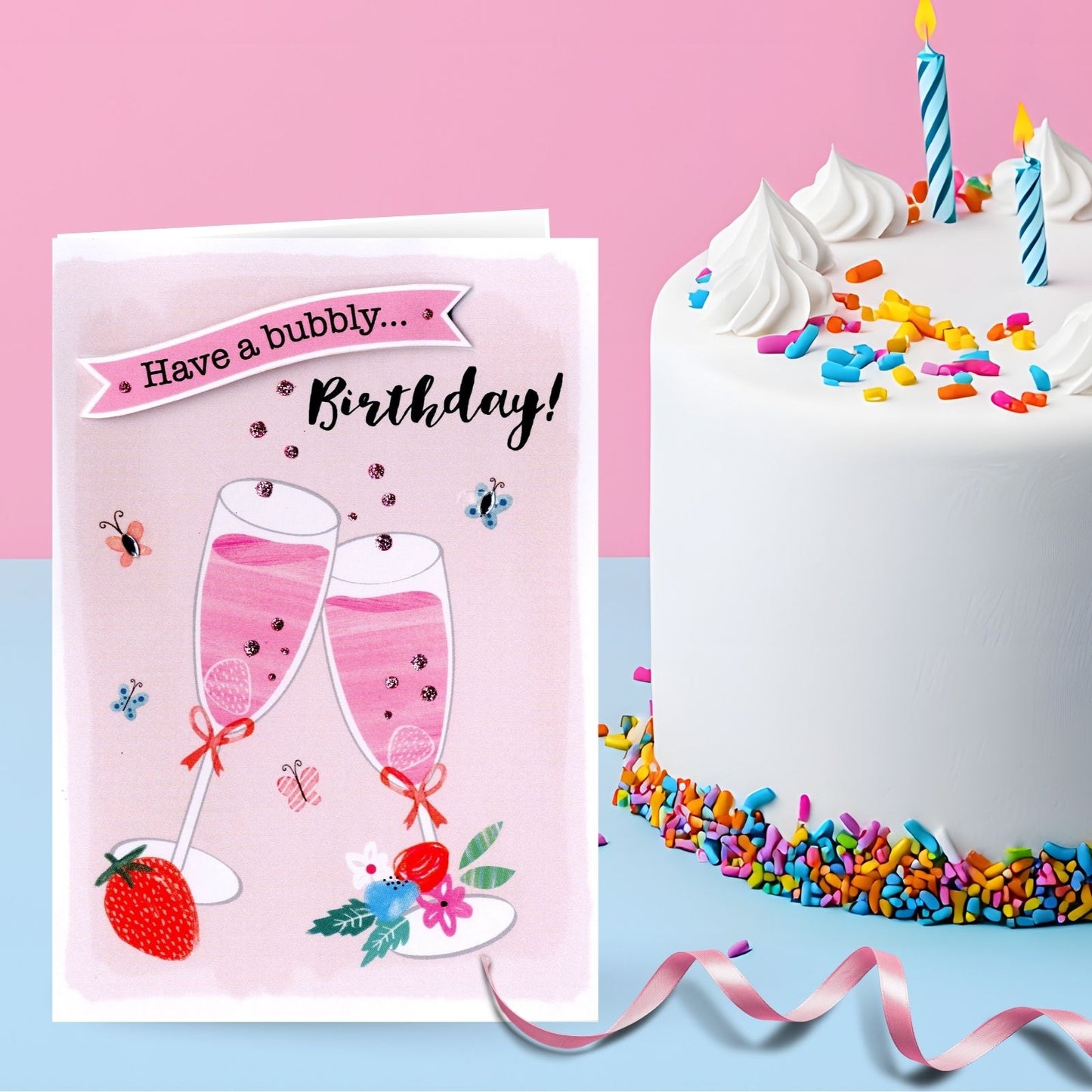 Hand-Finished Birthday Card Sparkling Celebration Glittered Bubbly For Her