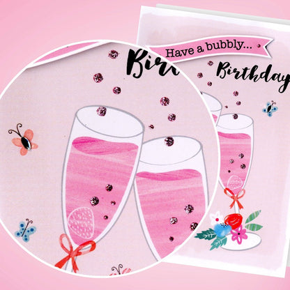 Hand-Finished Birthday Card Sparkling Celebration Glittered Bubbly For Her
