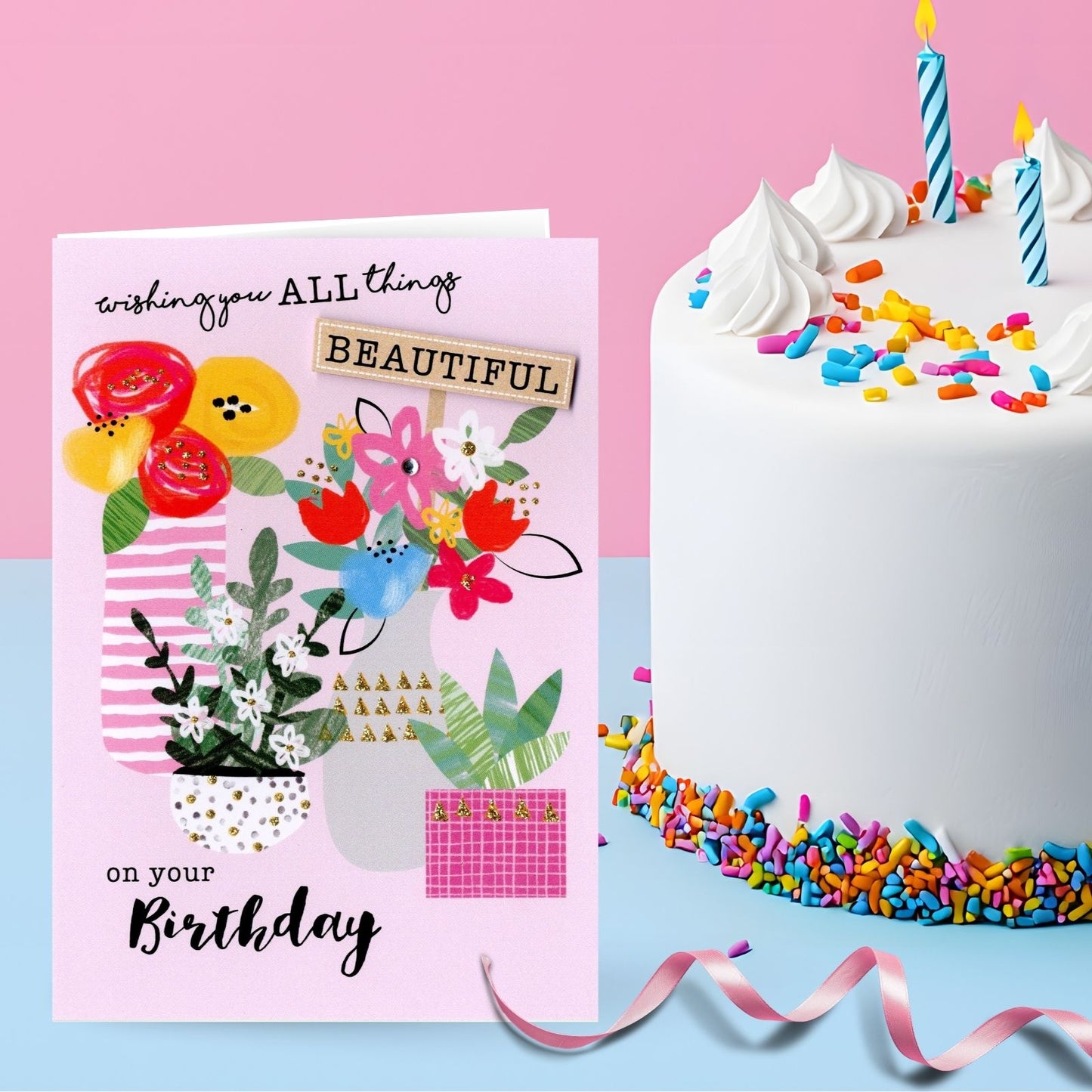 Hand-Finished Beautiful Birthday Card Floral Embellished Glittered For Her