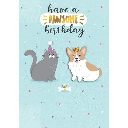 Hand-Finished Birthday Card Cat & Dog Pawsome Birthday Celebration Embellished