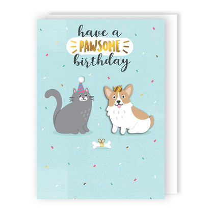 Hand-Finished Birthday Card Cat & Dog Pawsome Birthday Celebration Embellished