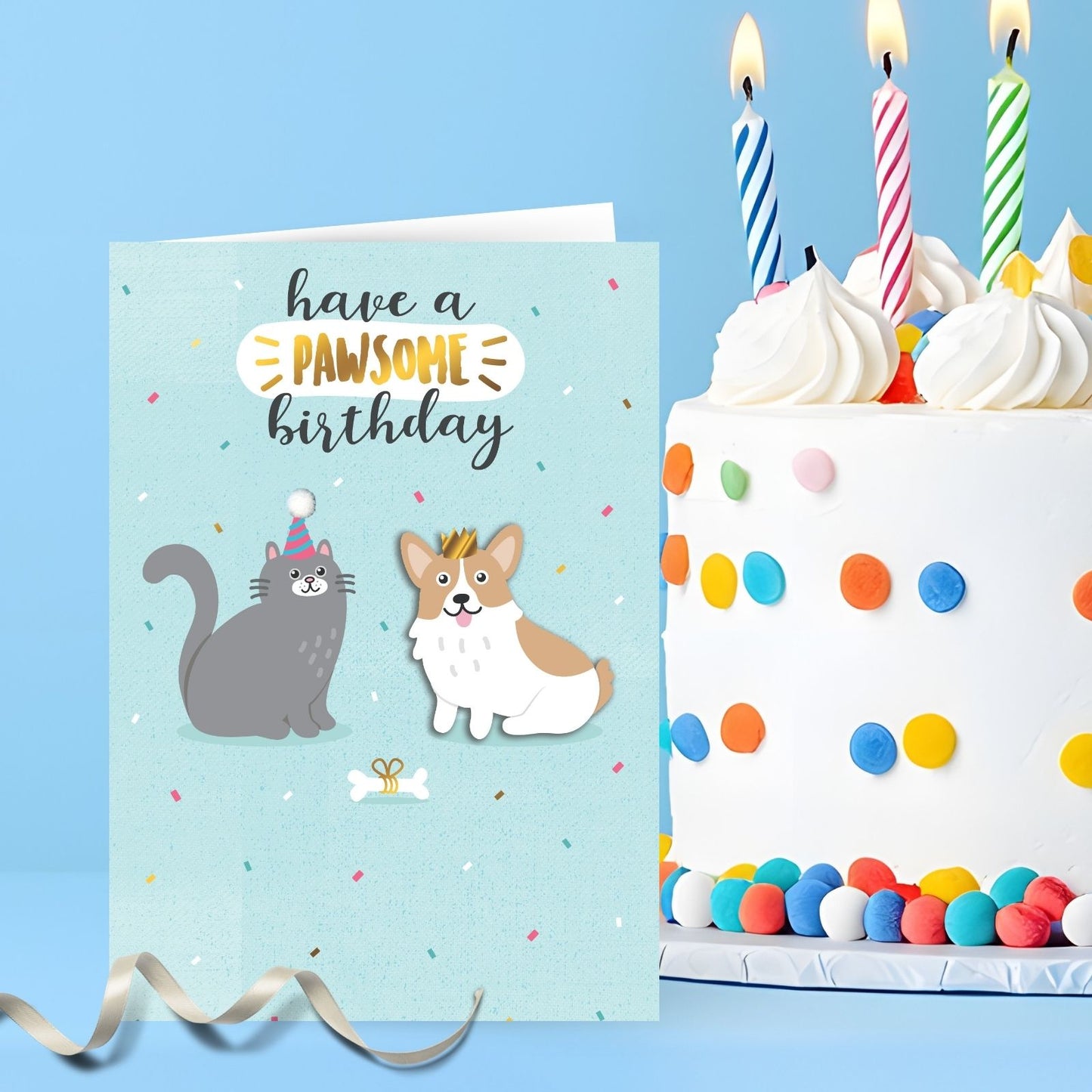 Hand-Finished Birthday Card Cat & Dog Pawsome Birthday Celebration Embellished