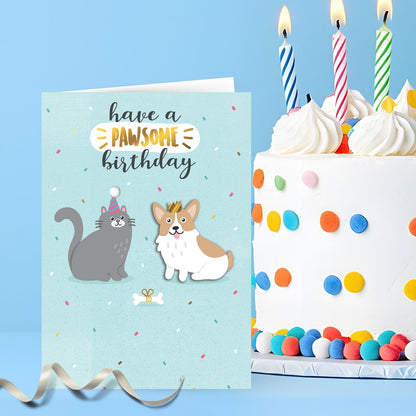 Hand-Finished Birthday Card Cat & Dog Pawsome Birthday Celebration Embellished