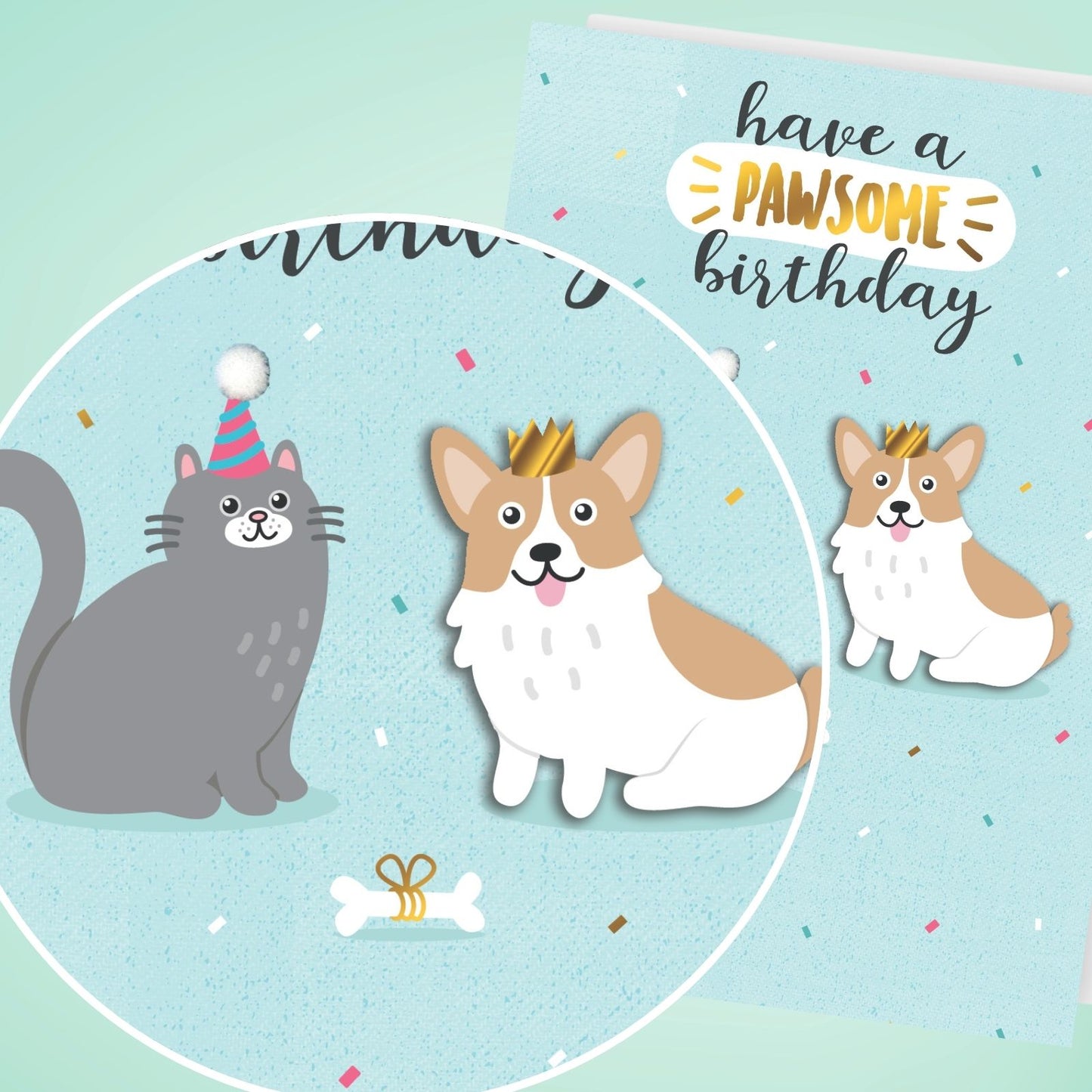 Hand-Finished Birthday Card Cat & Dog Pawsome Birthday Celebration Embellished