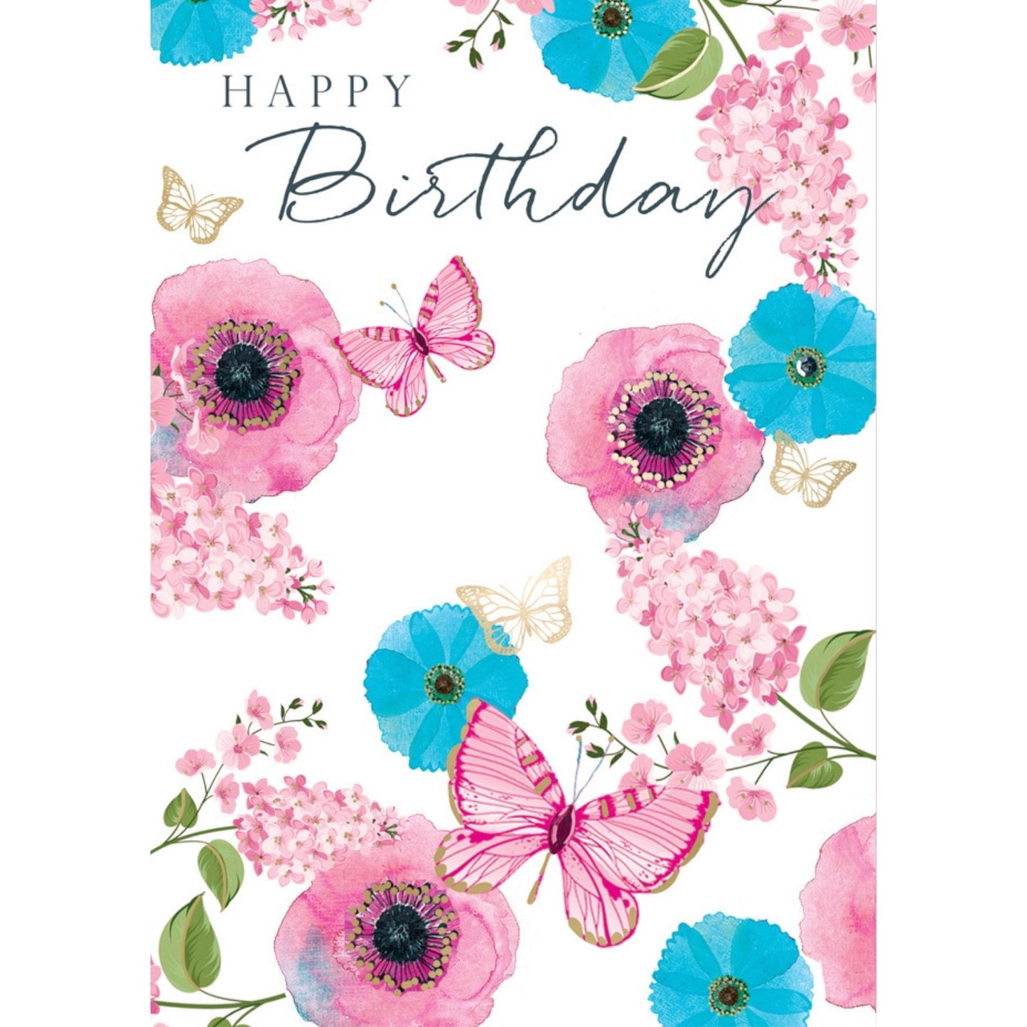 Hand-Finished Happy Birthday Card Embellished Flowers Butterflies For Her
