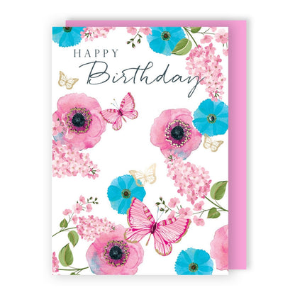 Hand-Finished Happy Birthday Card Embellished Flowers Butterflies For Her