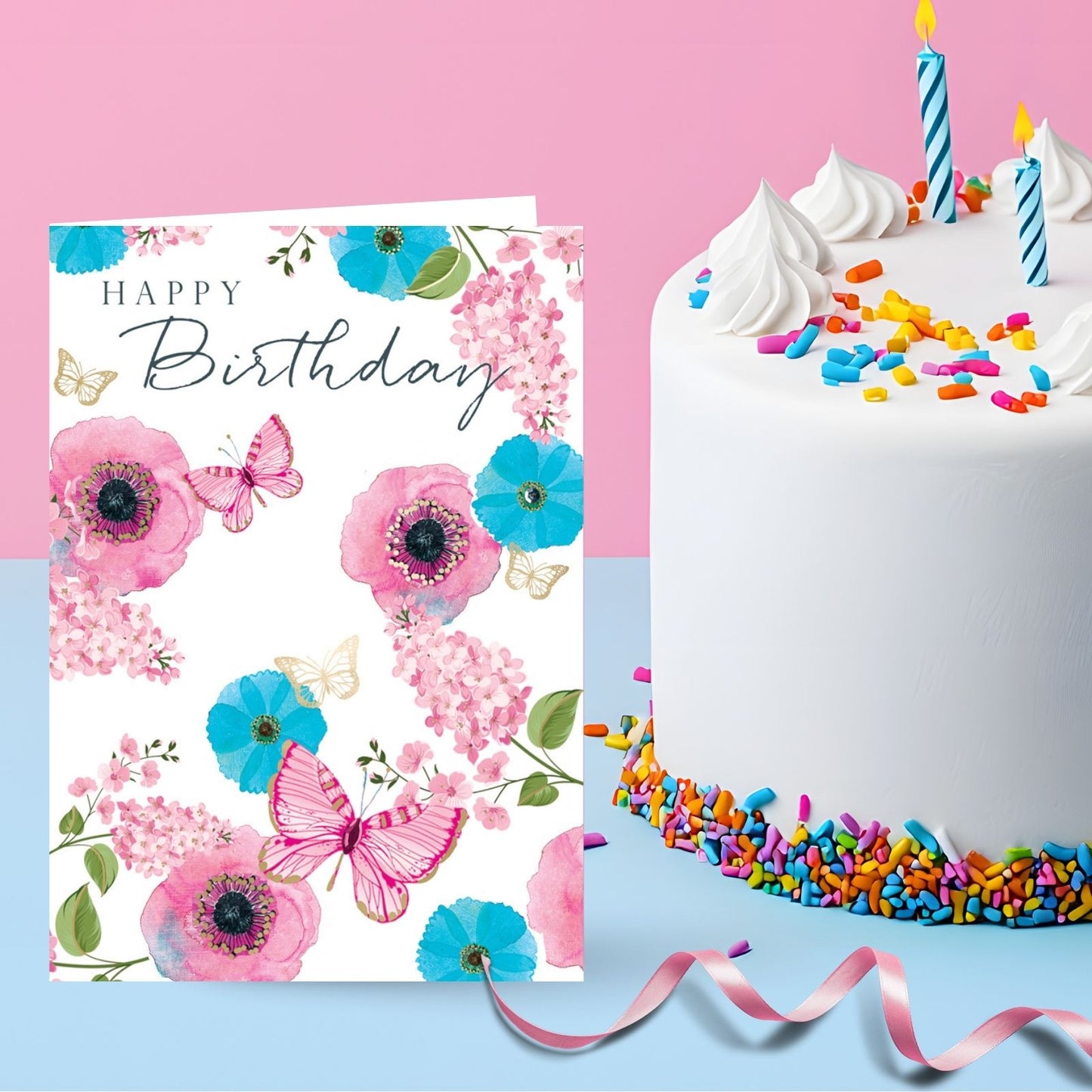 Hand-Finished Happy Birthday Card Embellished Flowers Butterflies For Her