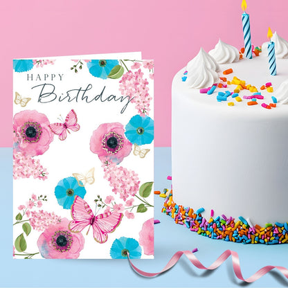 Hand-Finished Happy Birthday Card Embellished Flowers Butterflies For Her