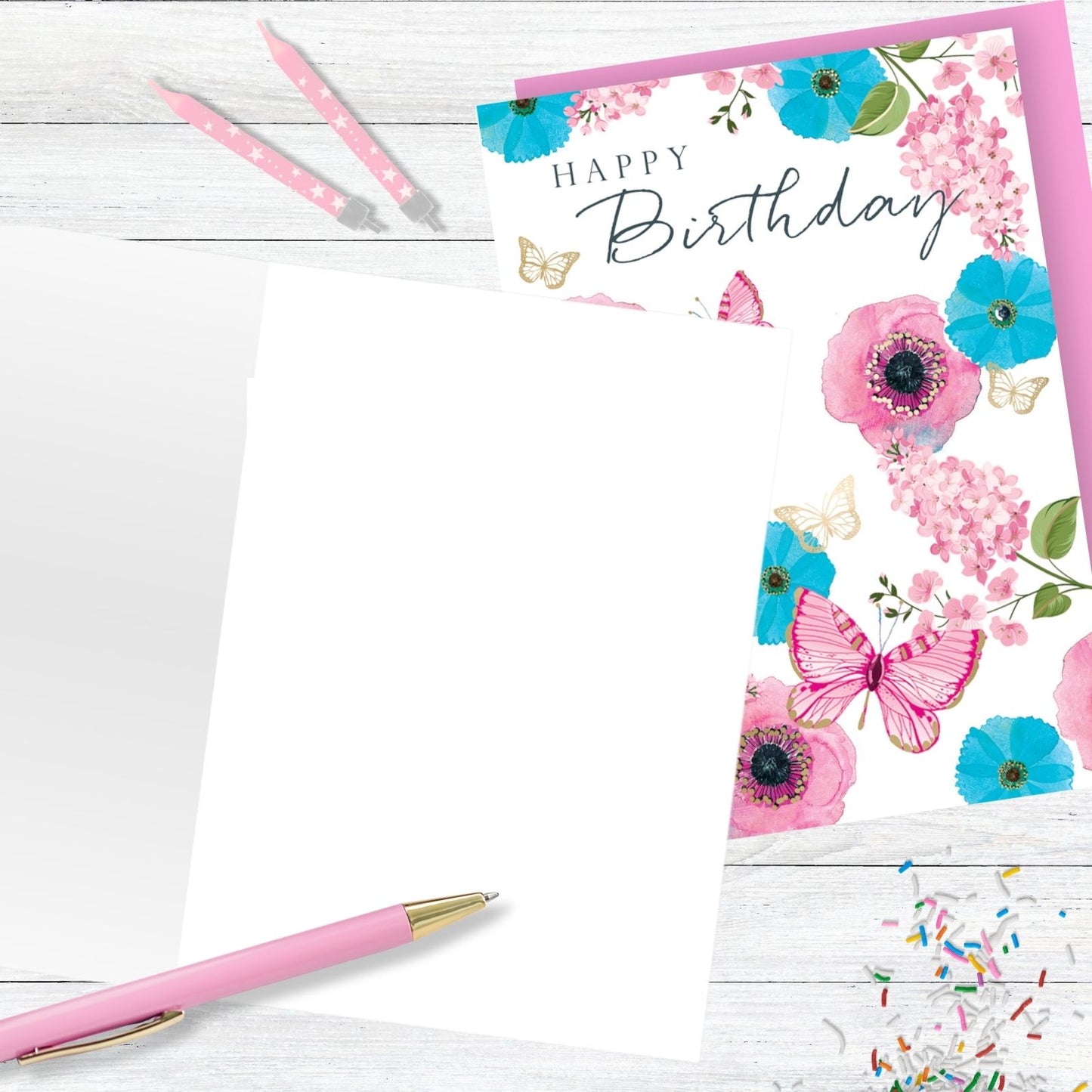 Hand-Finished Happy Birthday Card Embellished Flowers Butterflies For Her