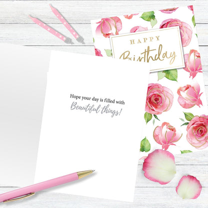 Hand-Finished Happy Birthday Card Embellished Floral Roses Greeting Card For Her