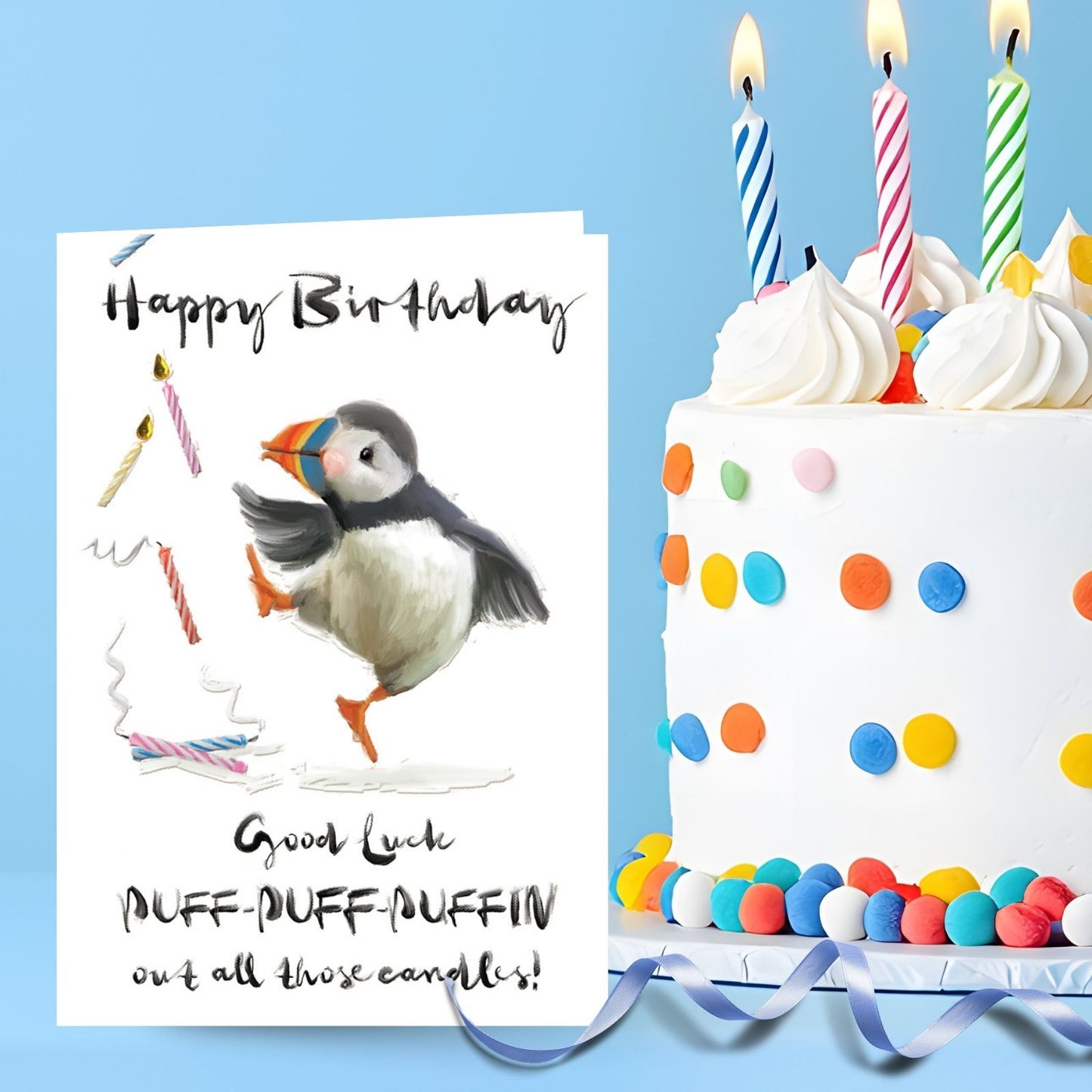 Hand-Finished Funny Happy Birthday Card Egood Luck Puffin Out All Those Candles!