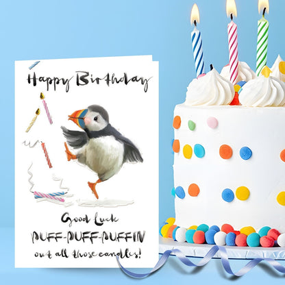 Hand-Finished Funny Happy Birthday Card Egood Luck Puffin Out All Those Candles!