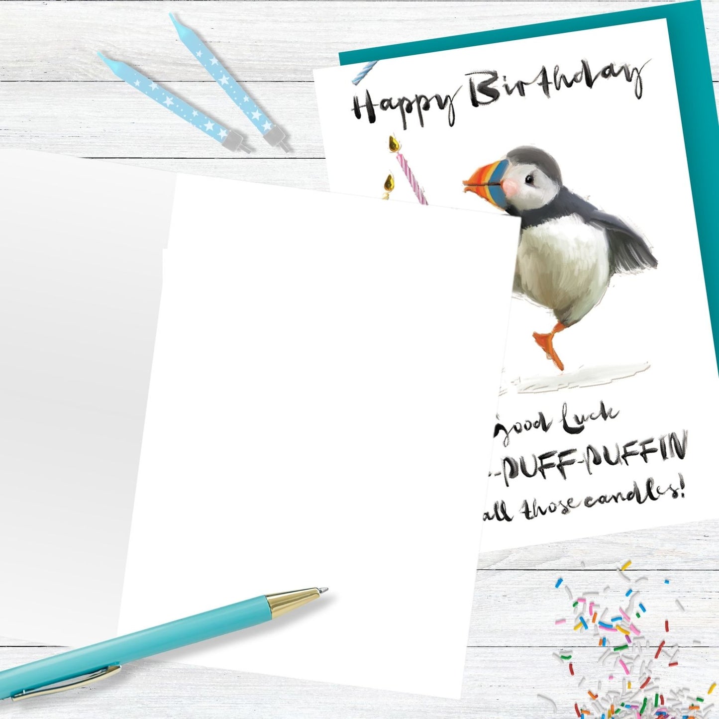 Hand-Finished Funny Happy Birthday Card Egood Luck Puffin Out All Those Candles!