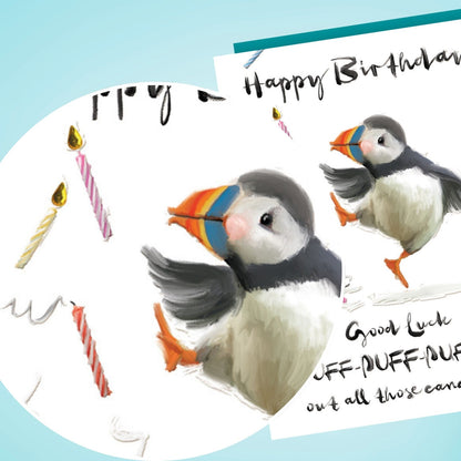 Hand-Finished Funny Happy Birthday Card Egood Luck Puffin Out All Those Candles!