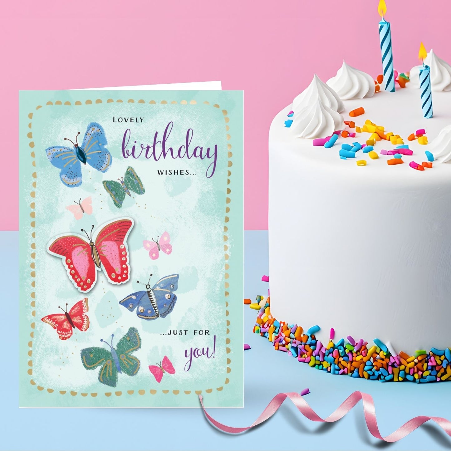 Hand-Finished Birthday Wishes Greeting Card Embellished Butterflies For Her