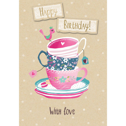Hand-Finished Birthday Greeting Card Embellished Foiled Teacups For Her