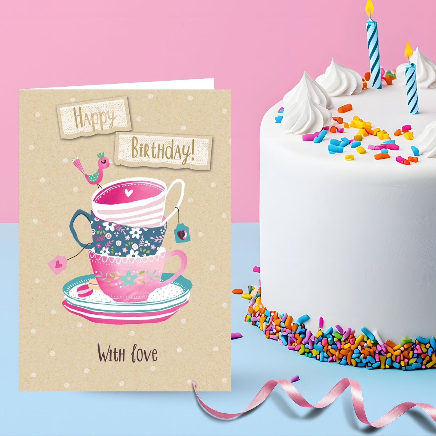 Hand-Finished Birthday Greeting Card Embellished Foiled Teacups For Her