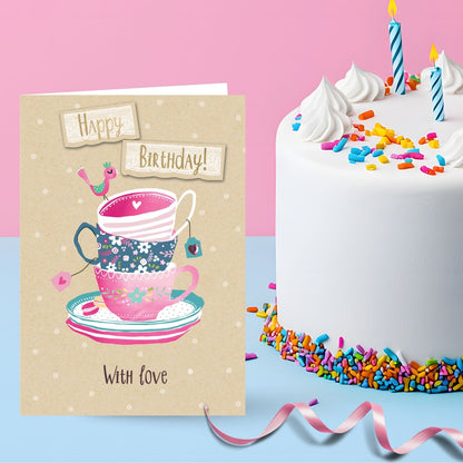 Hand-Finished Birthday Greeting Card Embellished Foiled Teacups For Her