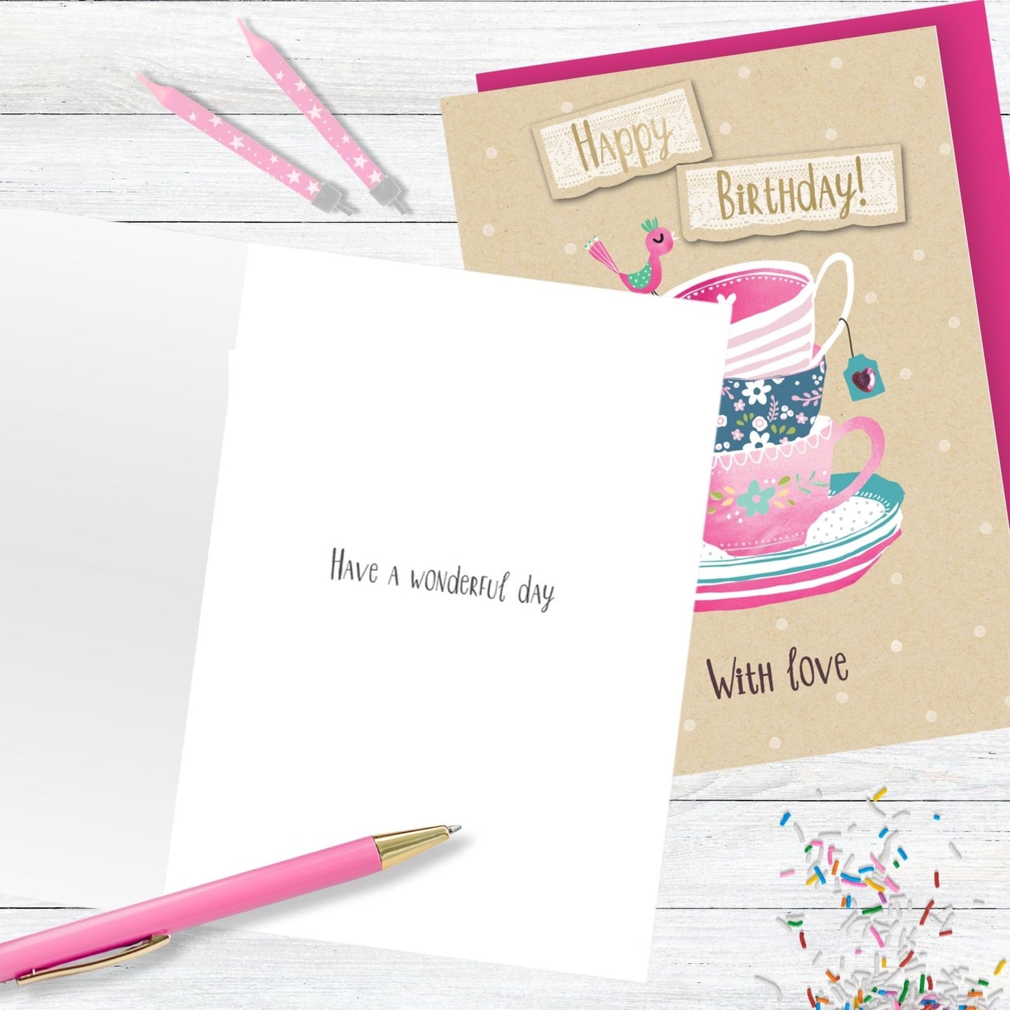 Hand-Finished Birthday Greeting Card Embellished Foiled Teacups For Her
