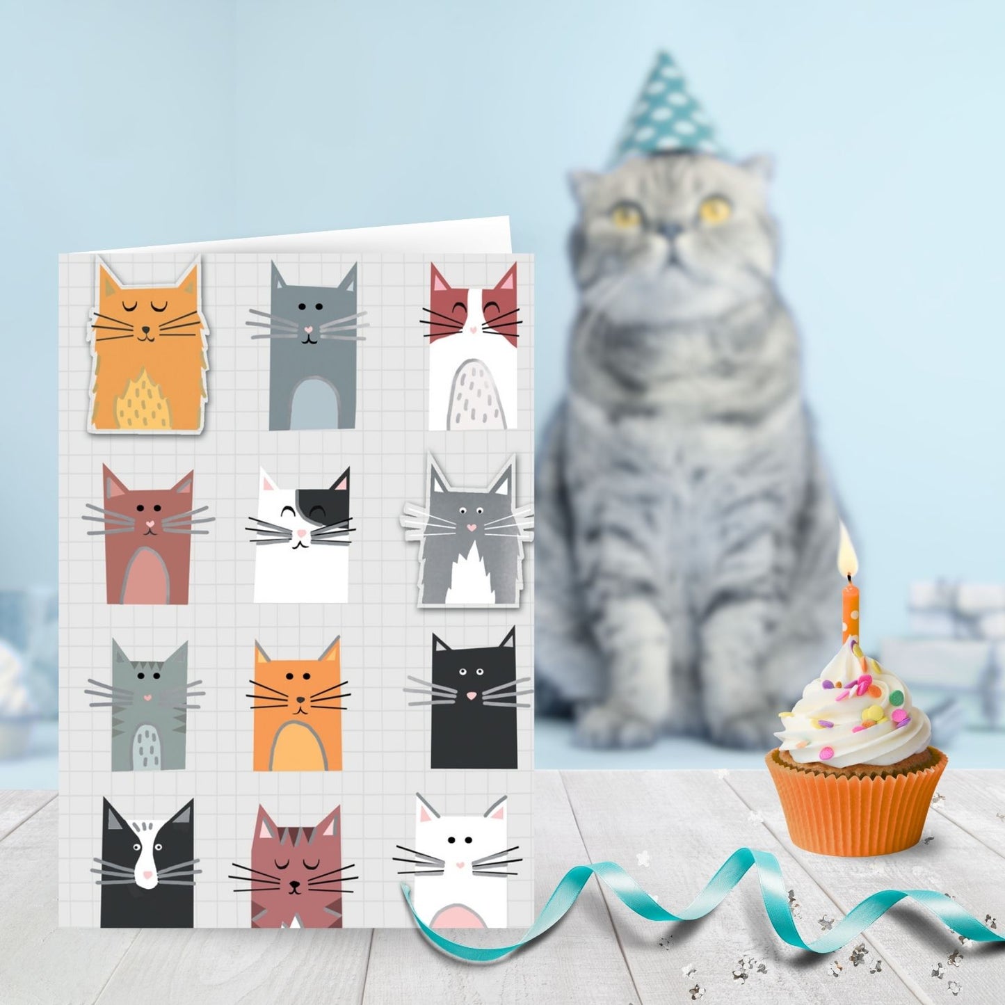 Hand-Finished Cats Greeting Card Embellished Cat Design Blank For Any Occasion