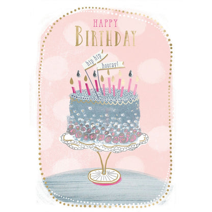 Hand-Finished Birthday Greeting Card Embellished Cake Hip Hip Hooray! For Her