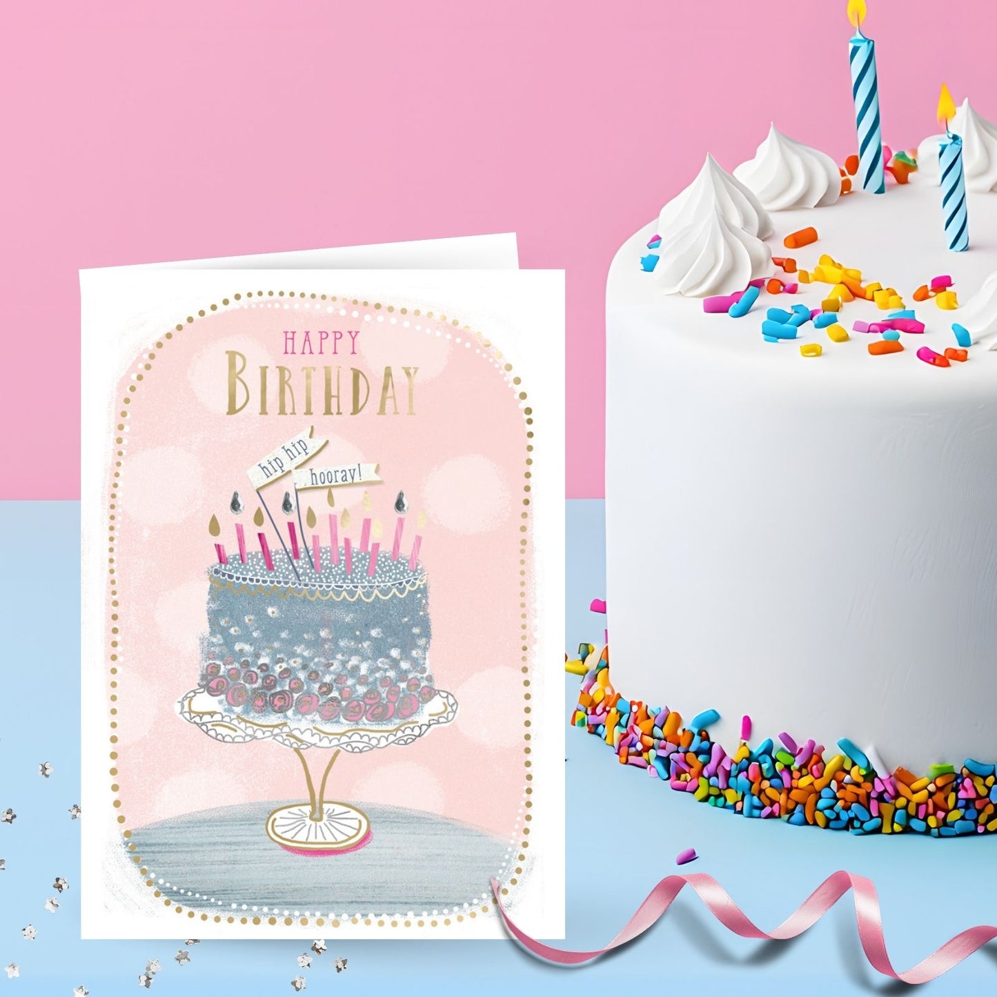 Hand-Finished Birthday Greeting Card Embellished Cake Hip Hip Hooray! For Her