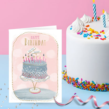 Hand-Finished Birthday Greeting Card Embellished Cake Hip Hip Hooray! For Her