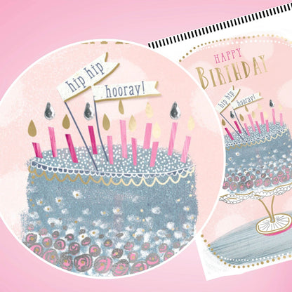 Hand-Finished Birthday Greeting Card Embellished Cake Hip Hip Hooray! For Her