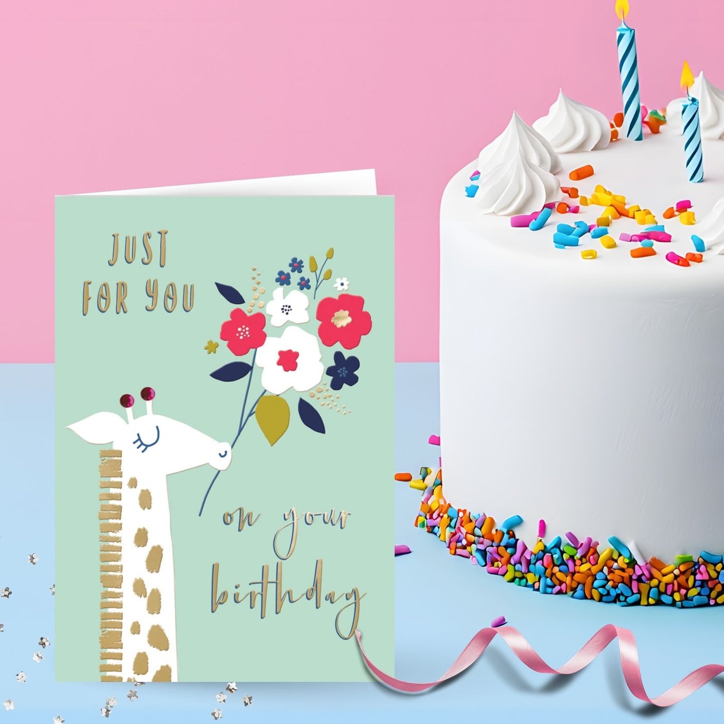 Hand-Finished Birthday Celebration Card Giraffe Flowers Just For You For Her
