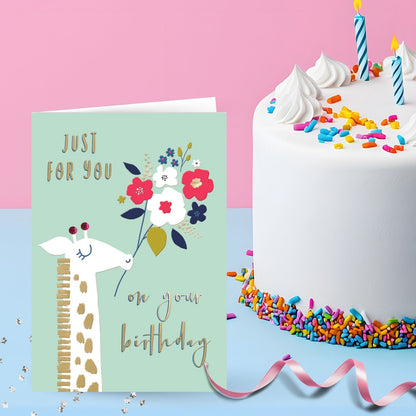 Hand-Finished Birthday Celebration Card Giraffe Flowers Just For You For Her