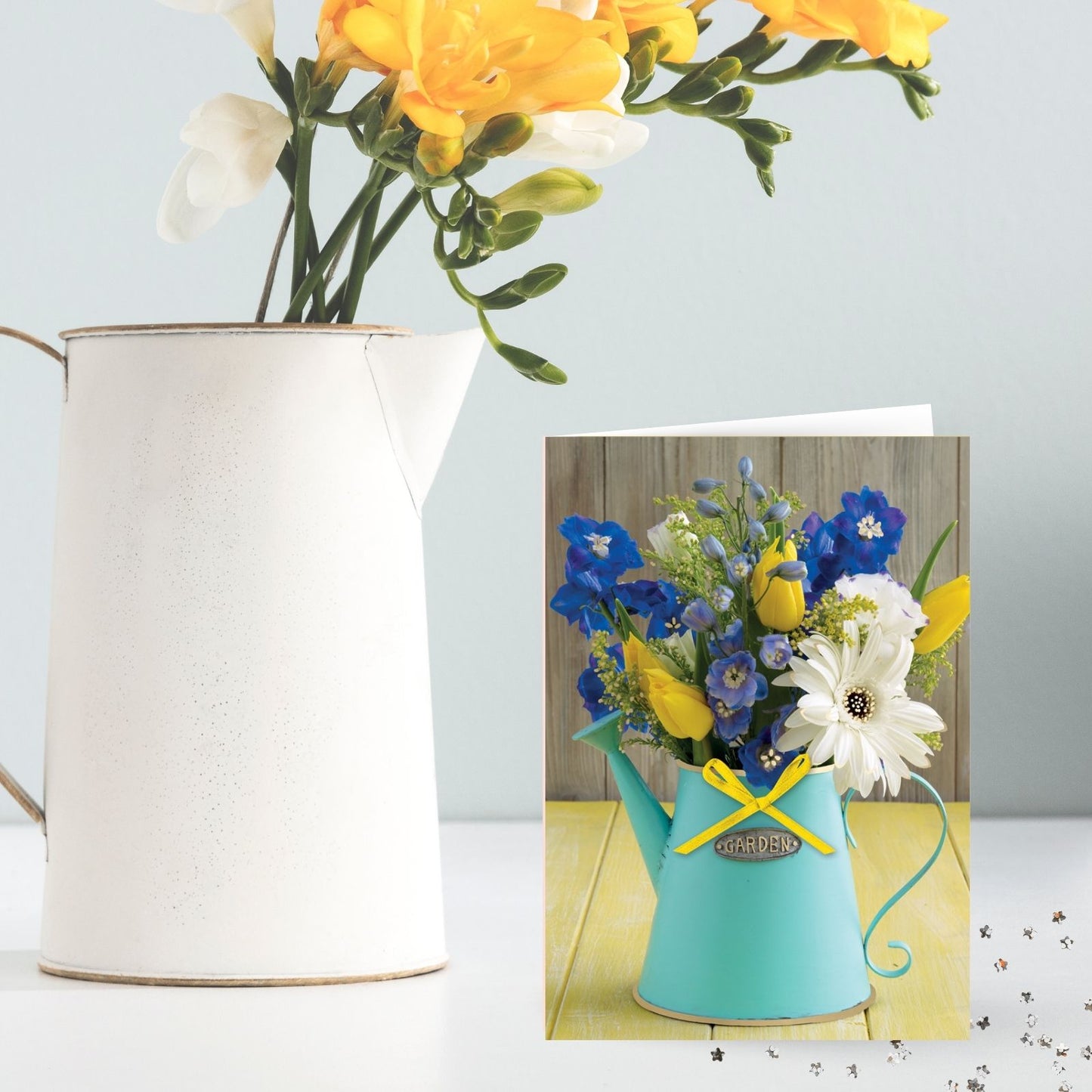 Hand-Finished Greeting Card Garden Flowers Watering Can Blank For Any Occasion