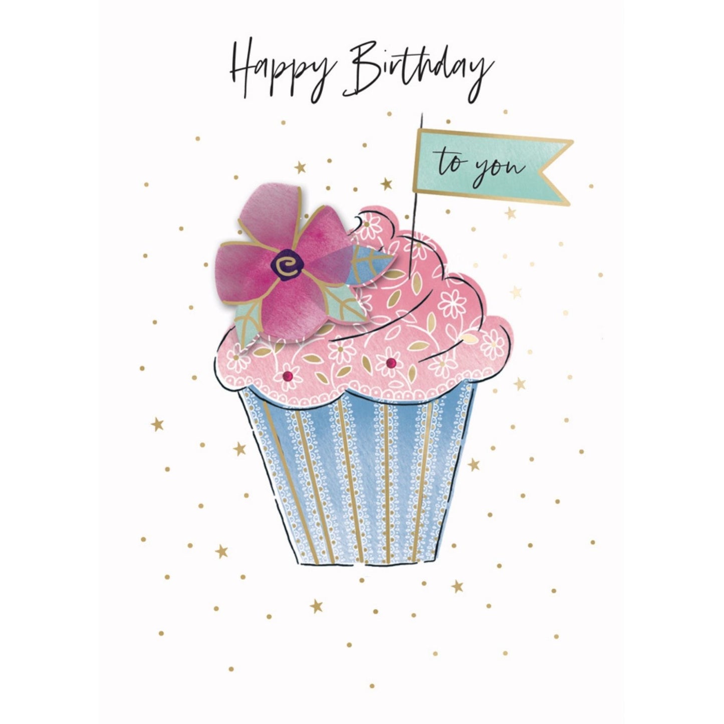 Hand-Finished Happy Birthday Floral Cupcake Greeting Card Embellished For Her