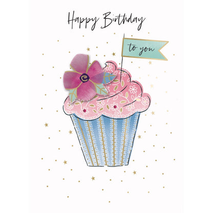 Hand-Finished Happy Birthday Floral Cupcake Greeting Card Embellished For Her