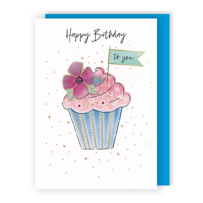 Hand-Finished Happy Birthday Floral Cupcake Greeting Card Embellished For Her