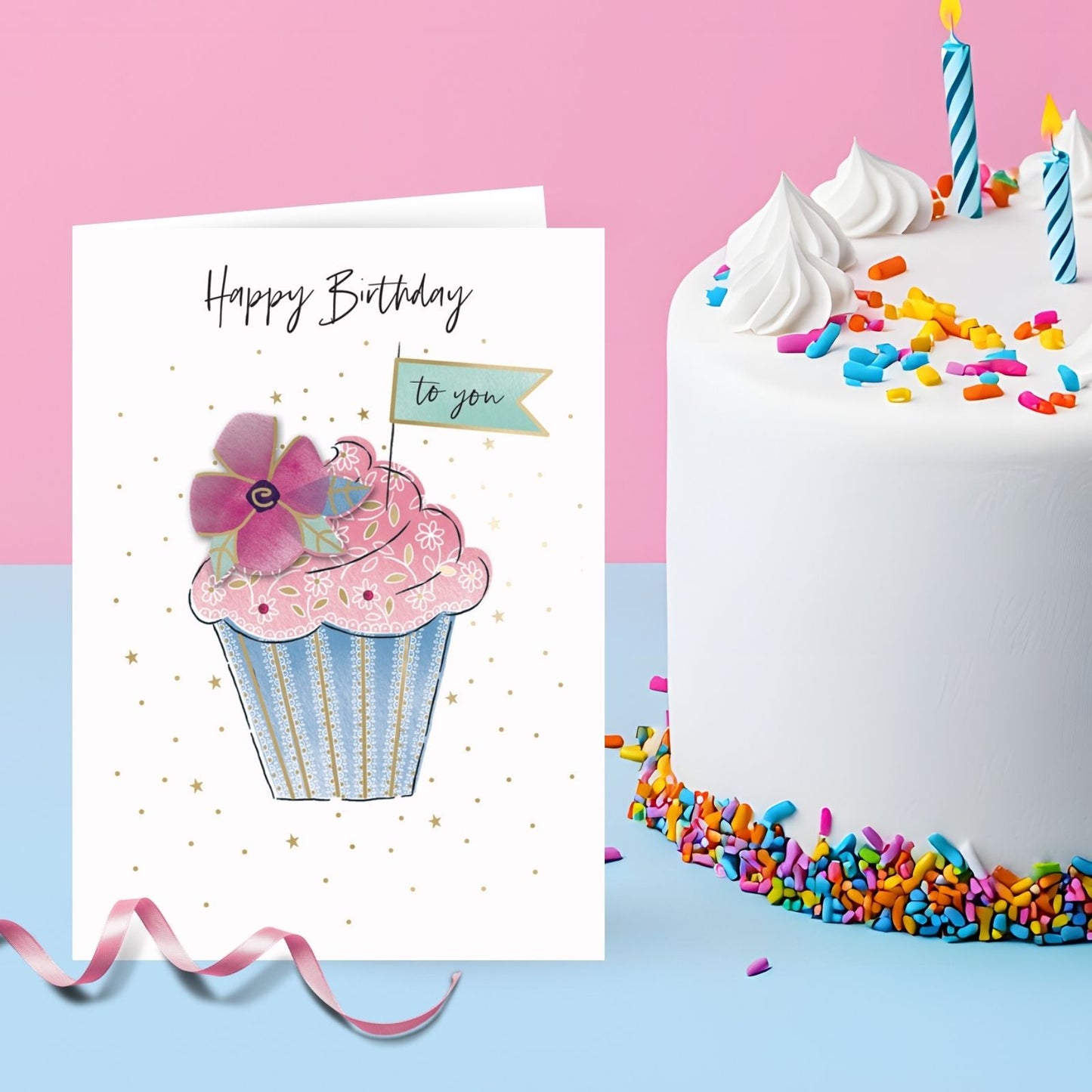 Hand-Finished Happy Birthday Floral Cupcake Greeting Card Embellished For Her