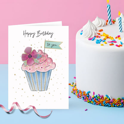 Hand-Finished Happy Birthday Floral Cupcake Greeting Card Embellished For Her