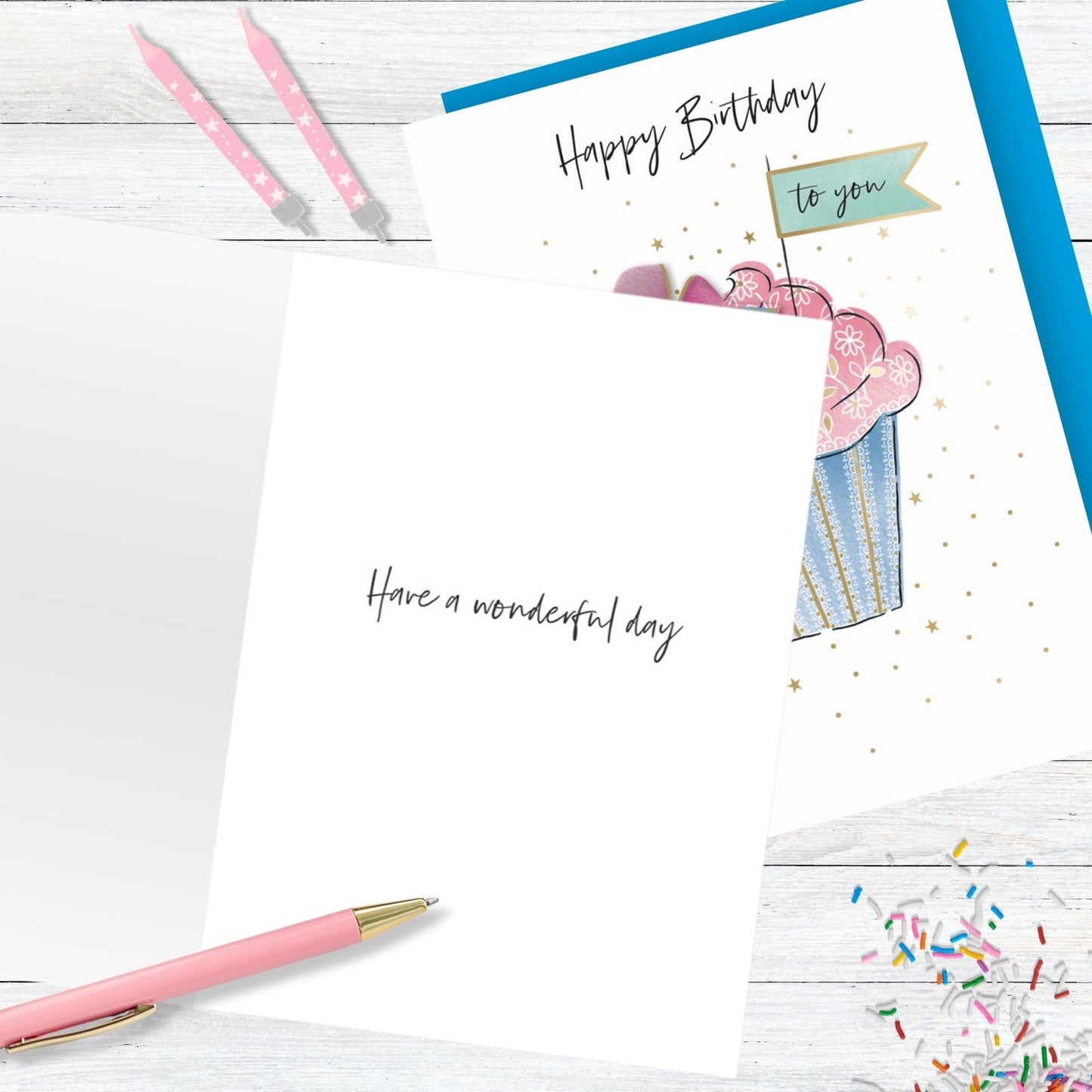 Hand-Finished Happy Birthday Floral Cupcake Greeting Card Embellished For Her