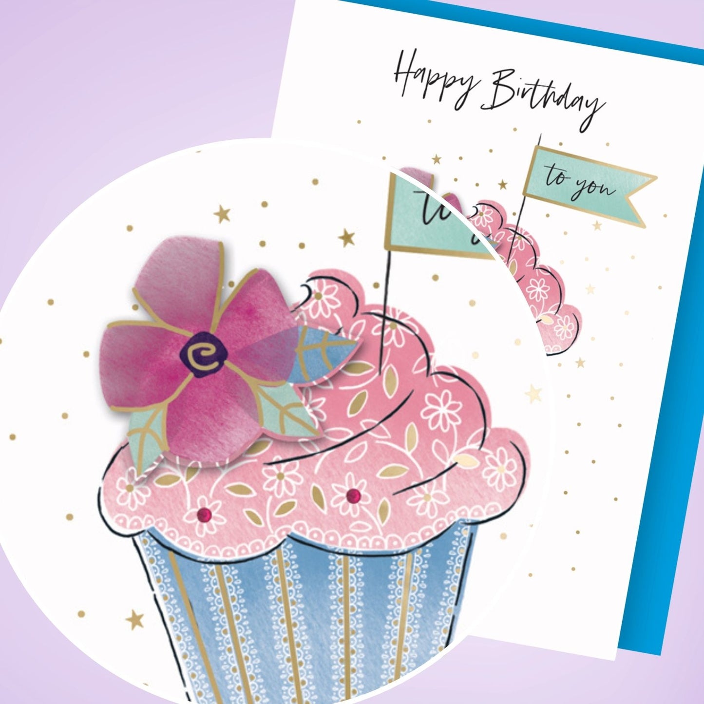 Hand-Finished Happy Birthday Floral Cupcake Greeting Card Embellished For Her