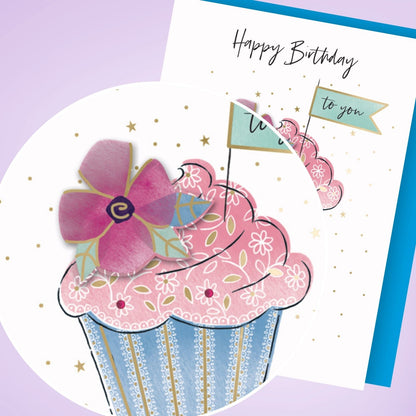 Hand-Finished Happy Birthday Floral Cupcake Greeting Card Embellished For Her