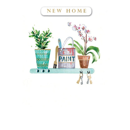 Hand-Finished New Home Greeting Card Welcome Shelf Paint Plants Keys Embellished