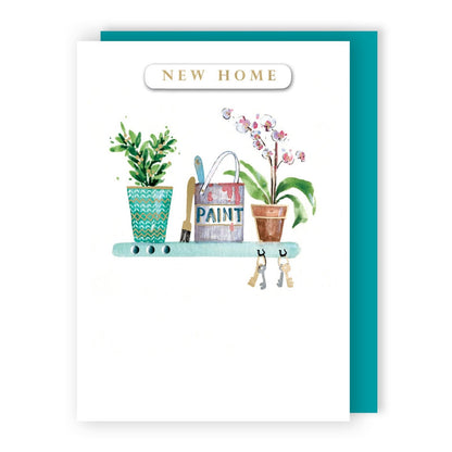 Hand-Finished New Home Greeting Card Welcome Shelf Paint Plants Keys Embellished