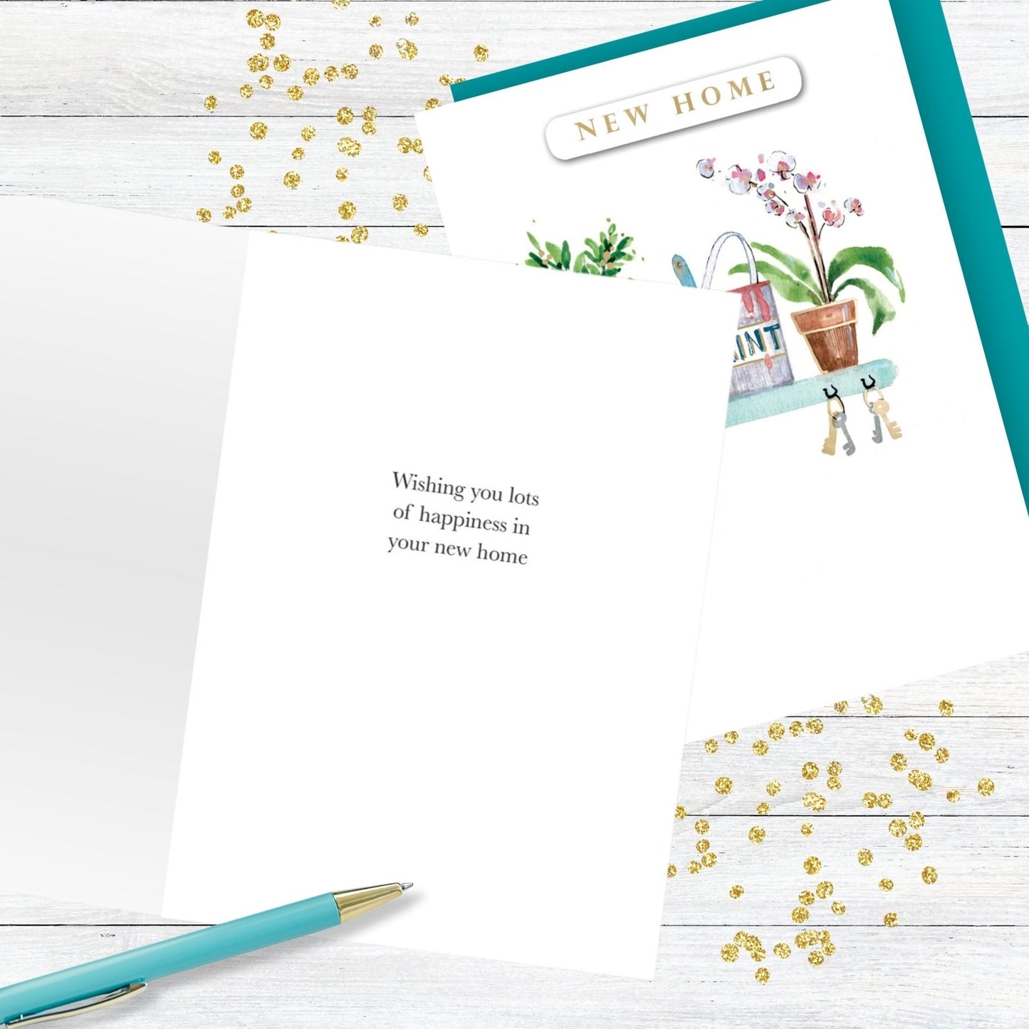 Hand-Finished New Home Greeting Card Welcome Shelf Paint Plants Keys Embellished